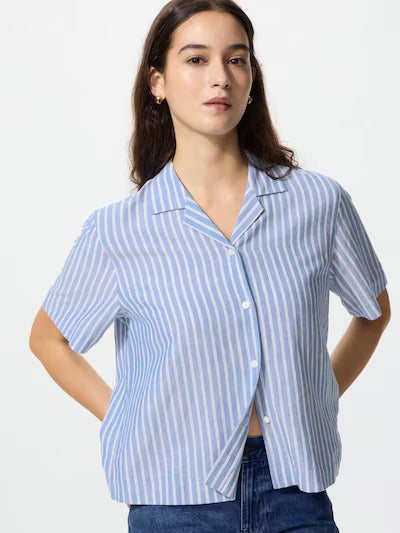 Linen Blend Open Collar Shirt Short Sleeve (#28)