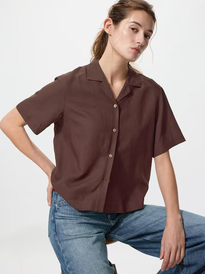 Linen Blend Open Collar Shirt Short Sleeve