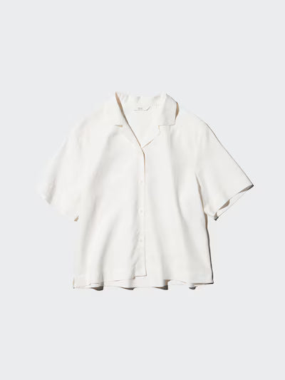Linen Blend Open Collar Shirt Short Sleeve