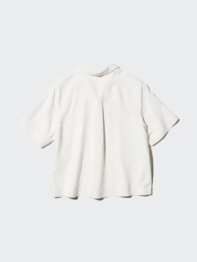 Linen Blend Open Collar Shirt Short Sleeve