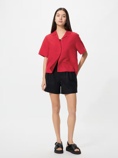Linen Blend Open Collar Shirt Short Sleeve (#28)