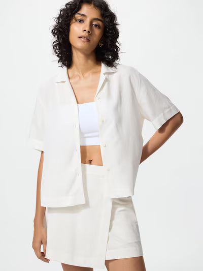 Linen Blend Open Collar Shirt Short Sleeve